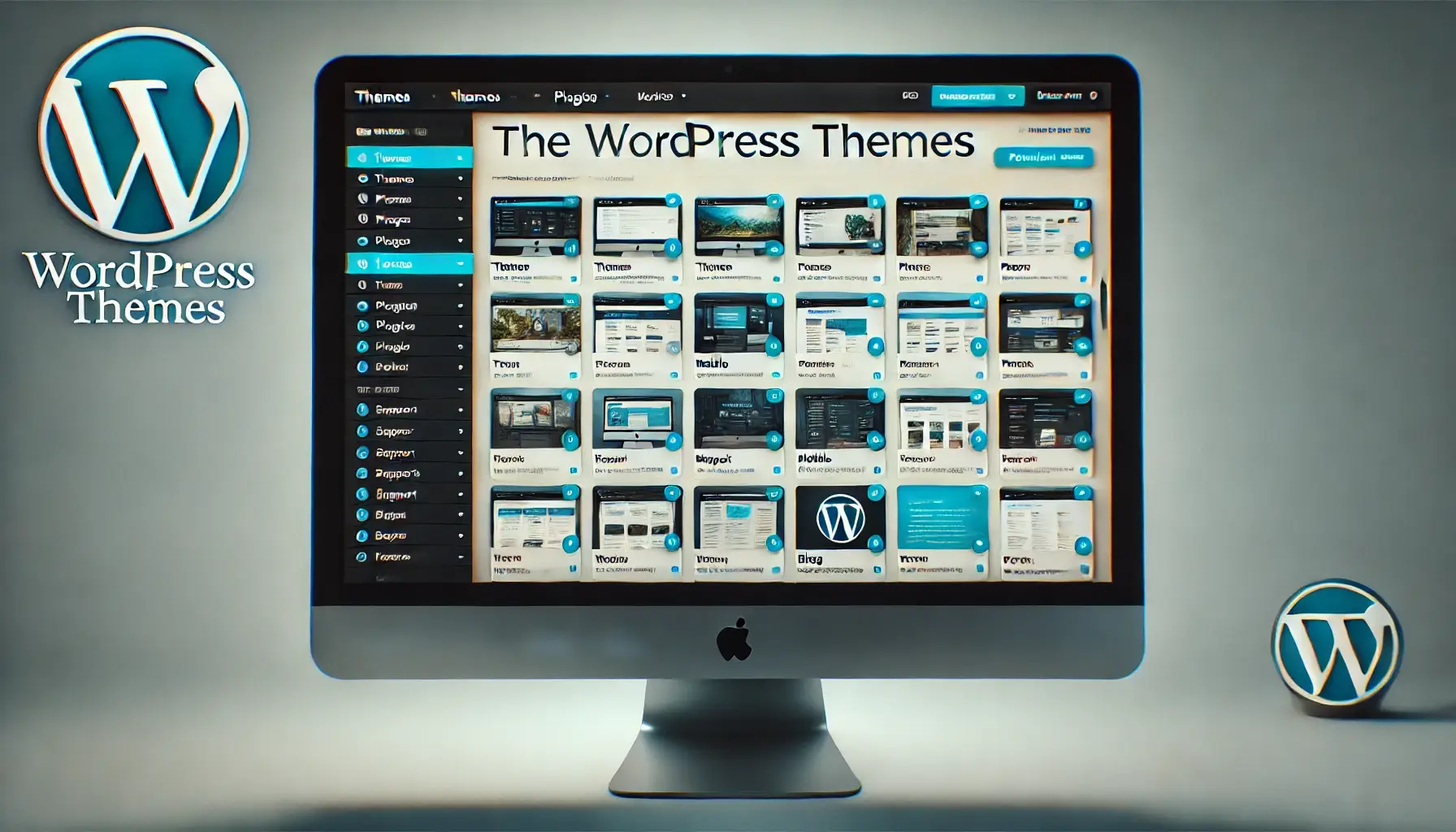 Schermo con directory temi WordPress: menu di navigazione, interfaccia moderna